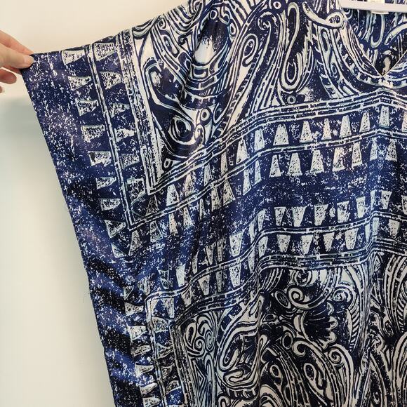 Vintage Winlar Satin Kaftan Moo Moo Mumu Porch Dress Blue Geometric One Size - Picture 7 of 9